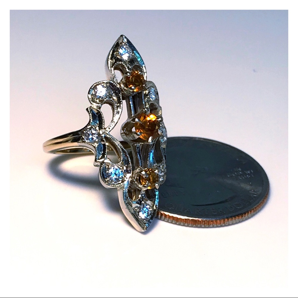 14KT GENUINE 1910’S EDWARDIAN HEAVY DIAMOND & CITRINE ANTIQUE NAVETTE RING - Picture 8 of 11